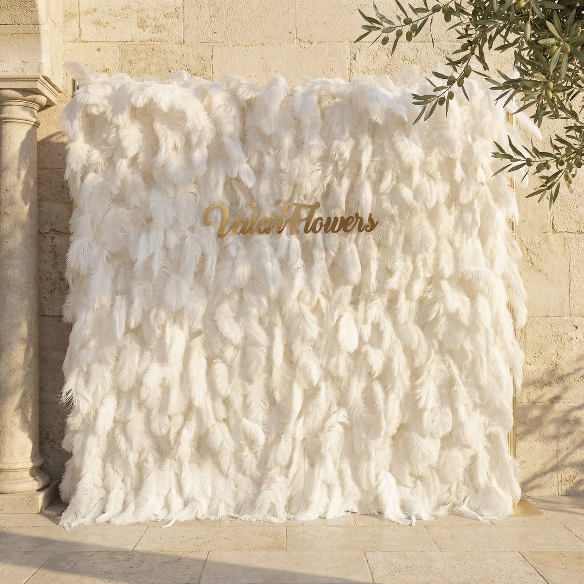 Artificial Floral Wall Backdrop: Celestial White Feather Dreamscape - The Ethereal Whisper Collection for Luxurious Weddings and Events | VF-164-WHITE