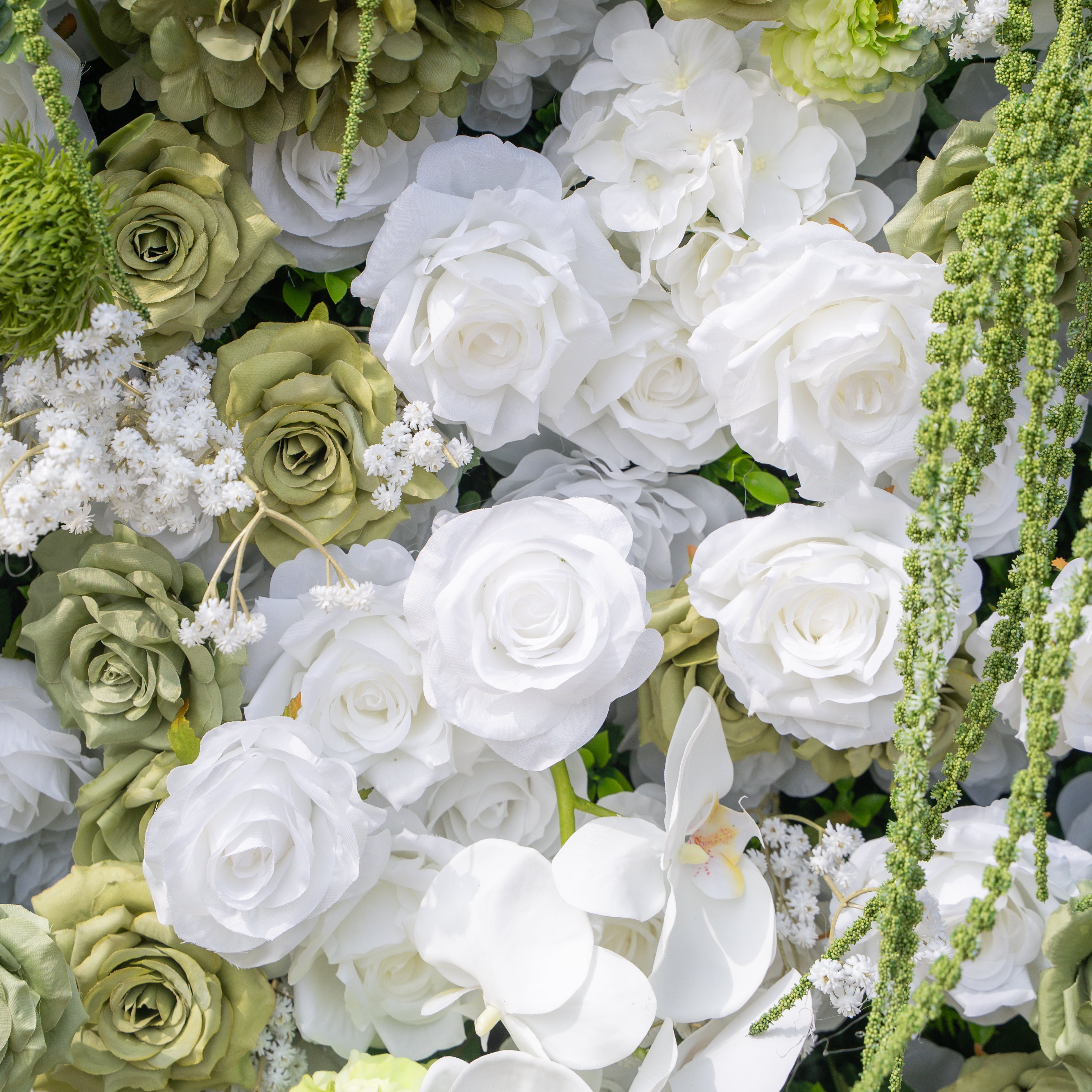 Lumi: 5D Sage Green & Cream Silk Floral Wall with Hanging Vines for Grand Forest Weddings & Garden Parties Free Shipping