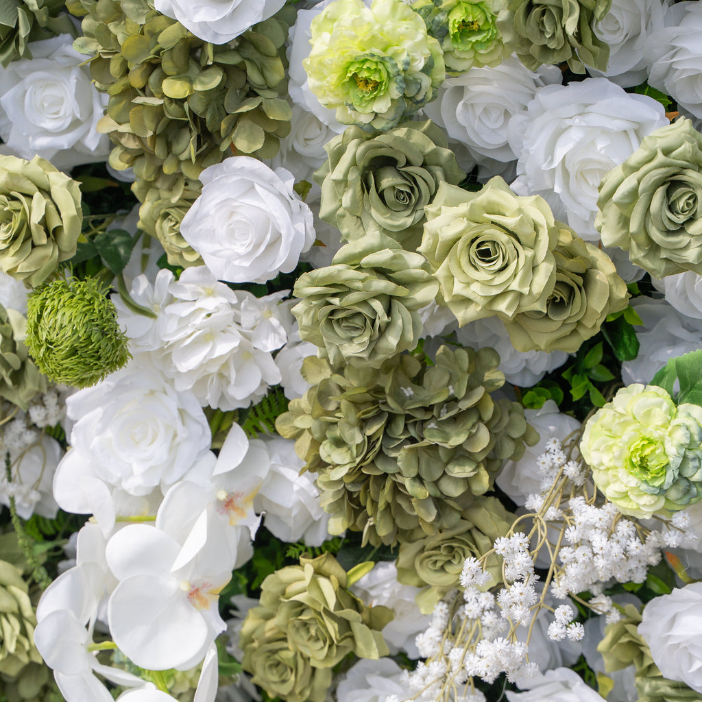 Lumi: 5D Sage Green & Cream Silk Floral Wall with Hanging Vines for Grand Forest Weddings & Garden Parties Free Shipping