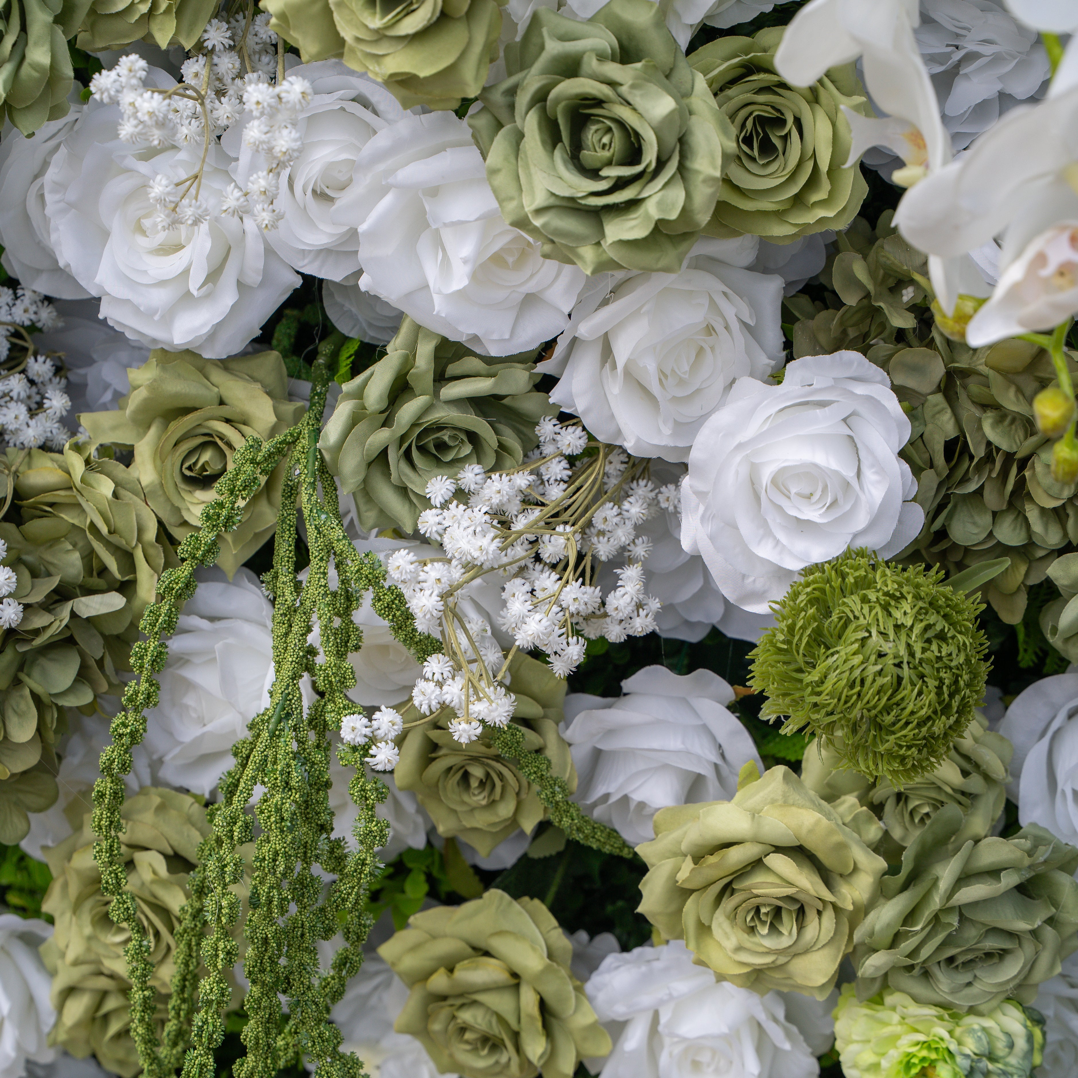 Lumi: 5D Sage Green & Cream Silk Floral Wall with Hanging Vines for Grand Forest Weddings & Garden Parties Free Shipping