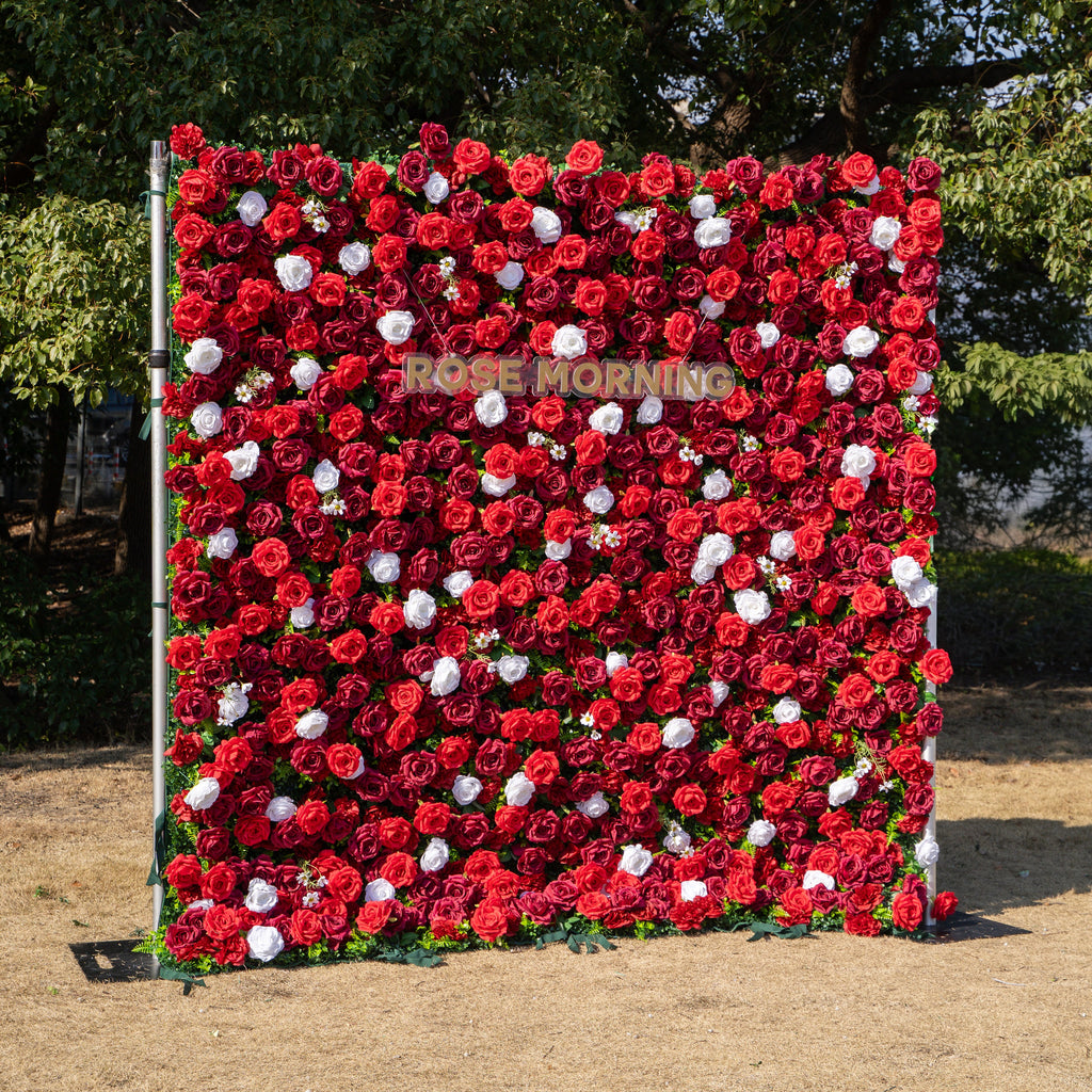Meraki: 3D  Luxury Crimson Red & White Silk Floral Wall Roll-Up Fabric Backdrop for Grand Weddings & Valentine’s Events Free Shipping