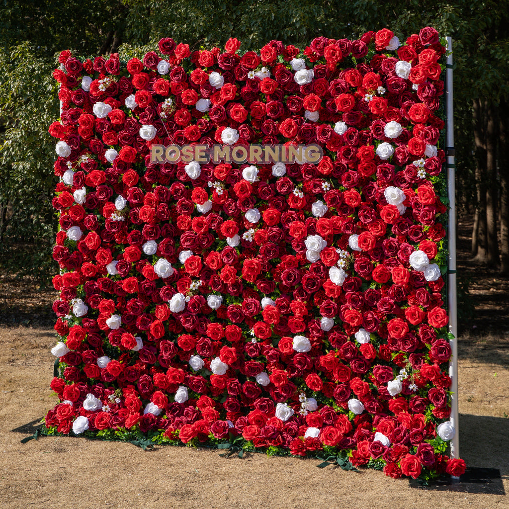 Meraki: 3D  Luxury Crimson Red & White Silk Floral Wall Roll-Up Fabric Backdrop for Grand Weddings & Valentine’s Events Free Shipping