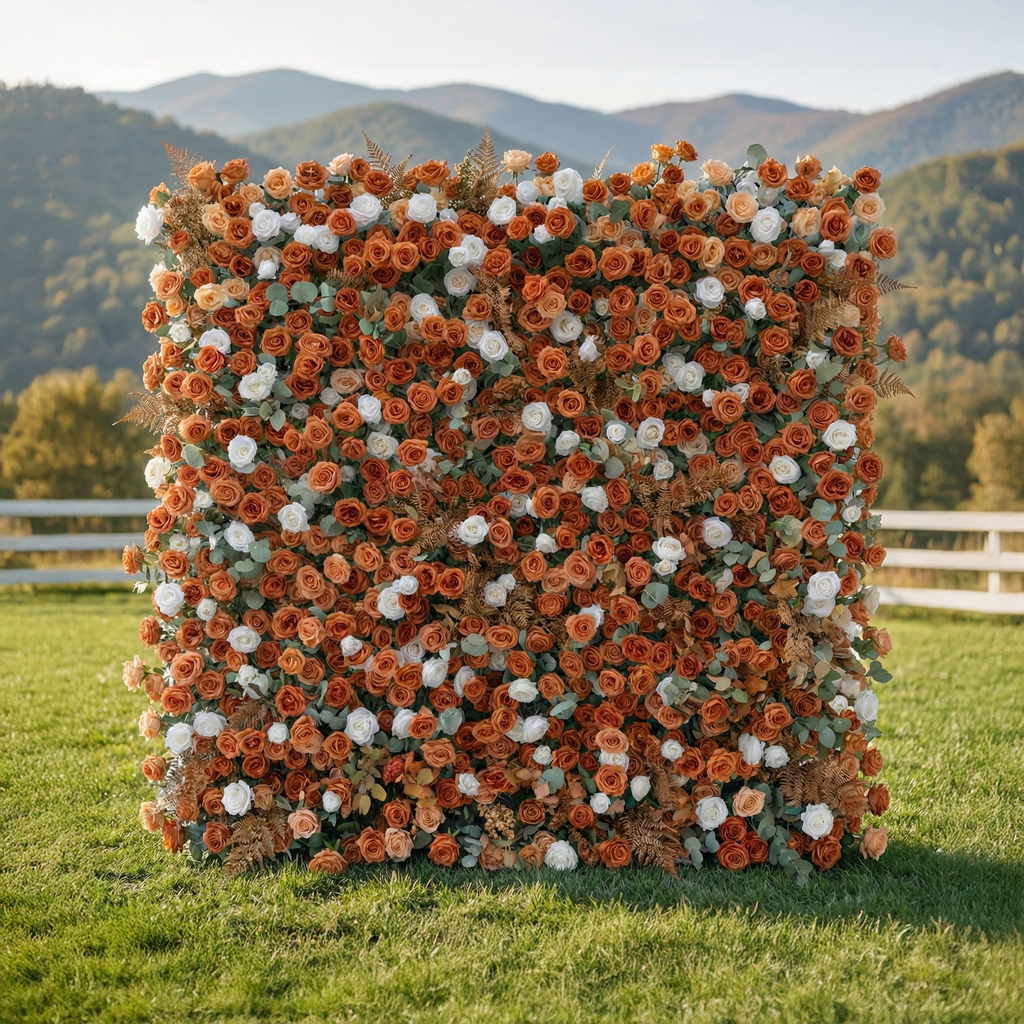 Morgan: Luxury 5D Terracotta & Cream Silk Rose Flower Wall Roll-Up Fabric Backdrop for Luxury Weddings & Garden Parties Free Shipping