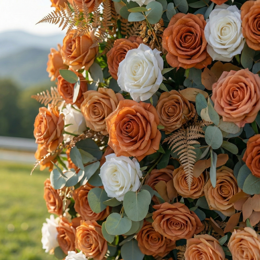 Morgan: Luxury 5D Terracotta & Cream Silk Rose Flower Wall Roll-Up Fabric Backdrop for Luxury Weddings & Garden Parties Free Shipping