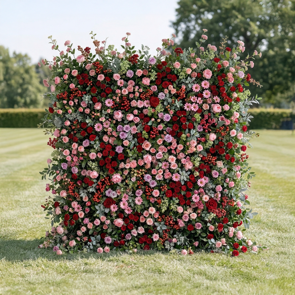 Nadine: 5D Berry & Pastel Pink Silk Floral Wall Roll-Up Fabric Backdrop for Grand Garden Weddings & Events Free Shipping