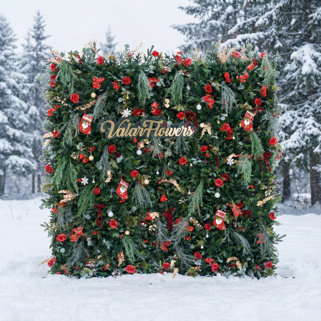 Christmas Themed Floral Wall Backdrop: Festive Evergreen & Red Rose Masterpiece for Holiday Events & Decor | VF-491-2