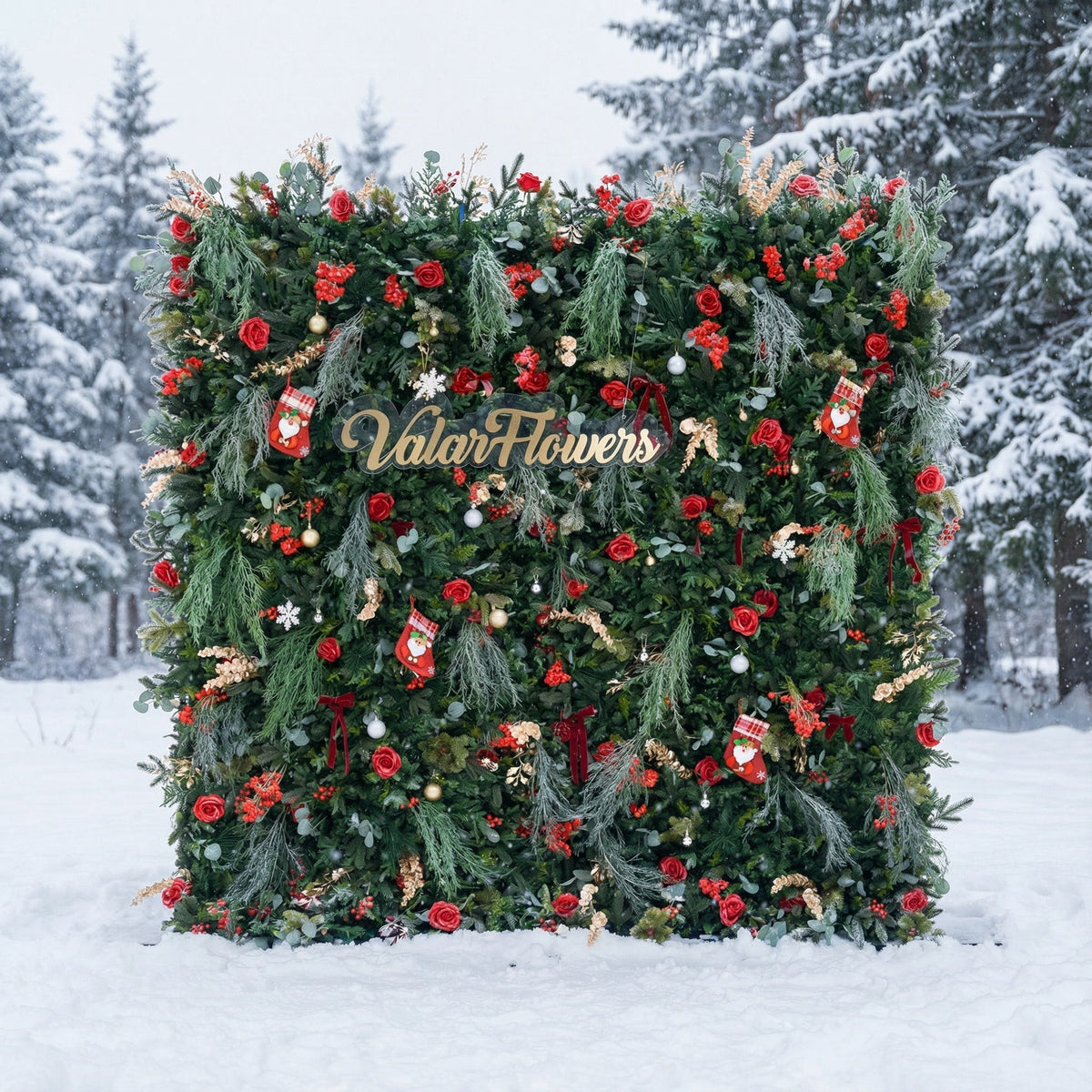 Christmas Themed Floral Wall Backdrop: Festive Evergreen & Red Rose Masterpiece for Holiday Events & Decor | VF-491-2
