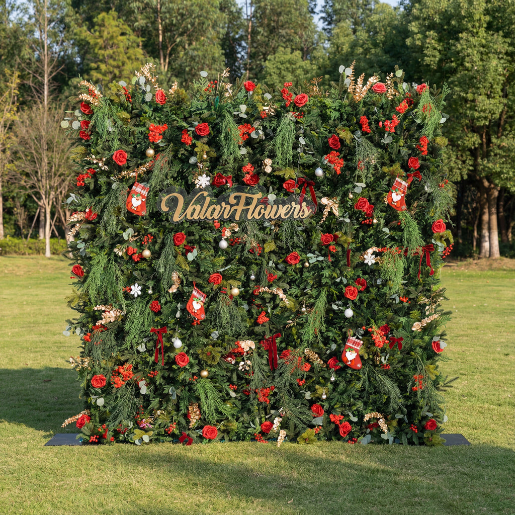Christmas Themed Floral Wall Backdrop: Festive Evergreen & Red Rose Masterpiece for Holiday Events & Decor | VF-491-2