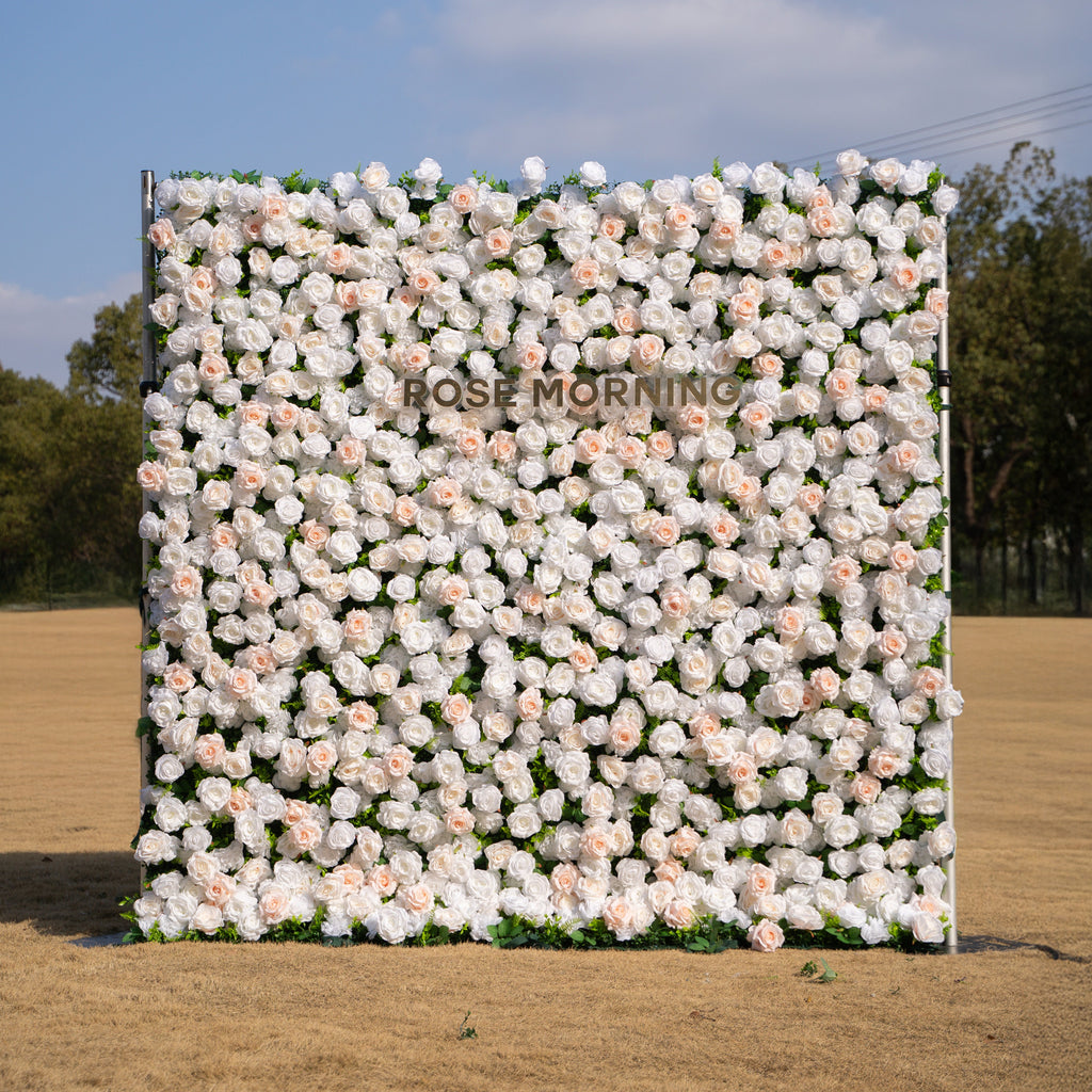 Nerina: 3D Elegant Ivory & Nude Silk Rose Flower Wall Roll Up Fabric Floral Curtain for Wedding Events Decor Free Shipping