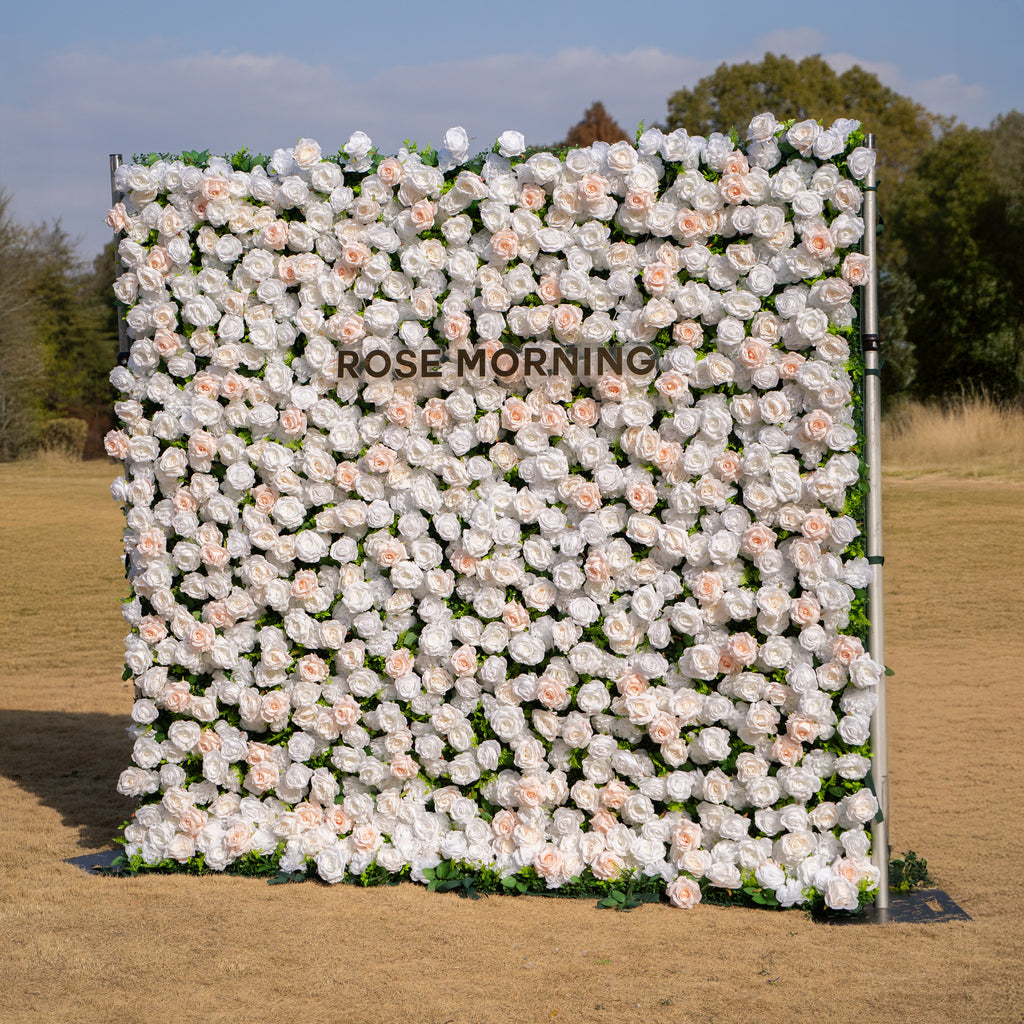 Nerina: 3D Elegant Ivory & Nude Silk Rose Flower Wall Roll Up Fabric Floral Curtain for Wedding Events Decor Free Shipping