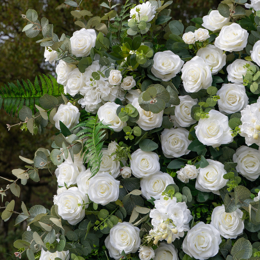 Orin: 5D Elegant White Silk Rose & Greenery Wall Roll-Up Fabric Backdrop for Grand Garden Weddings & Receptions Free Shipping