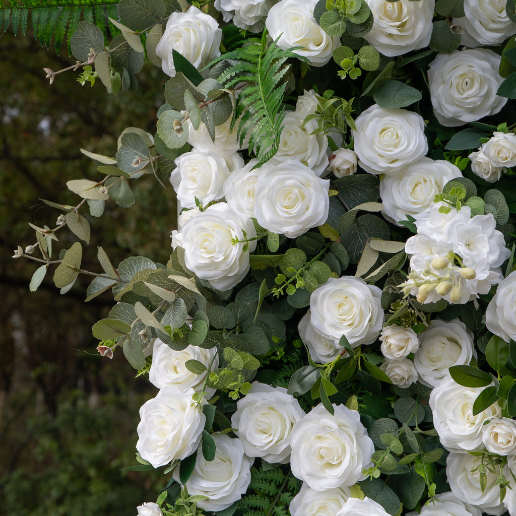 Orin: 5D Elegant White Silk Rose & Greenery Wall Roll-Up Fabric Backdrop for Grand Garden Weddings & Receptions Free Shipping