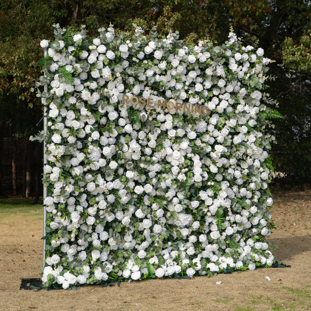 Orin: 5D Elegant White Silk Rose & Greenery Wall Roll-Up Fabric Backdrop for Grand Garden Weddings & Receptions Free Shipping