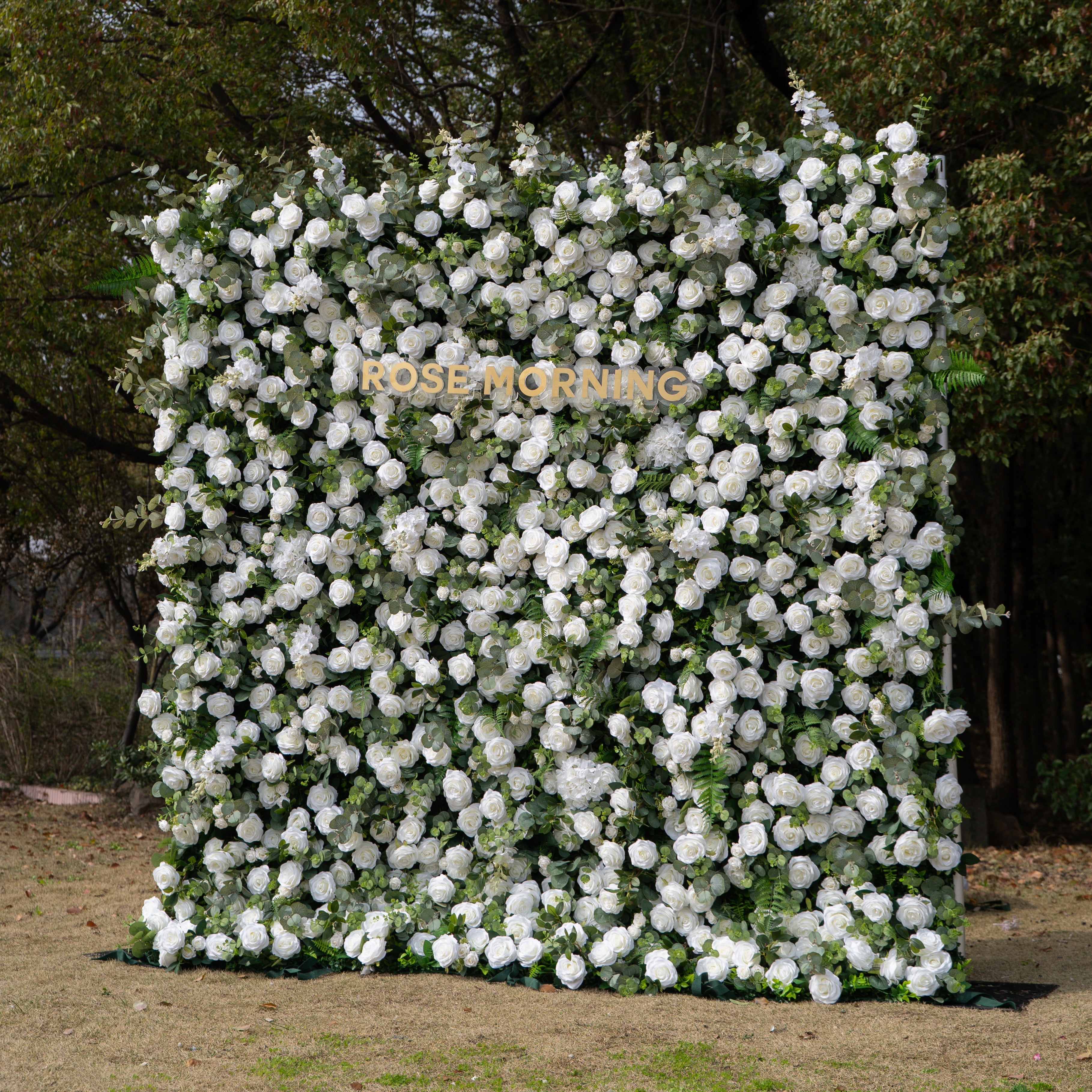 Orin: 5D Elegant White Silk Rose & Greenery Wall Roll-Up Fabric Backdrop for Grand Garden Weddings & Receptions Free Shipping