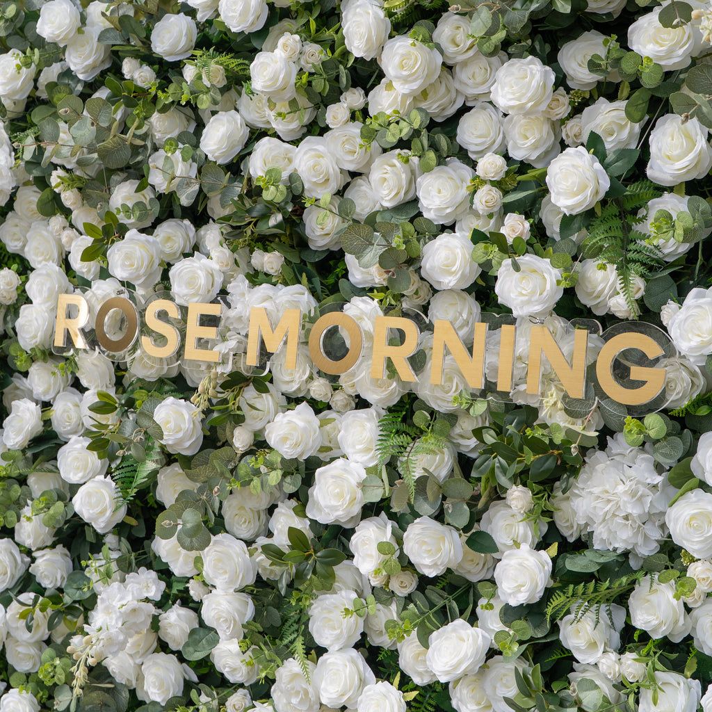 Orin: 5D Elegant White Silk Rose & Greenery Wall Roll-Up Fabric Backdrop for Grand Garden Weddings & Receptions Free Shipping