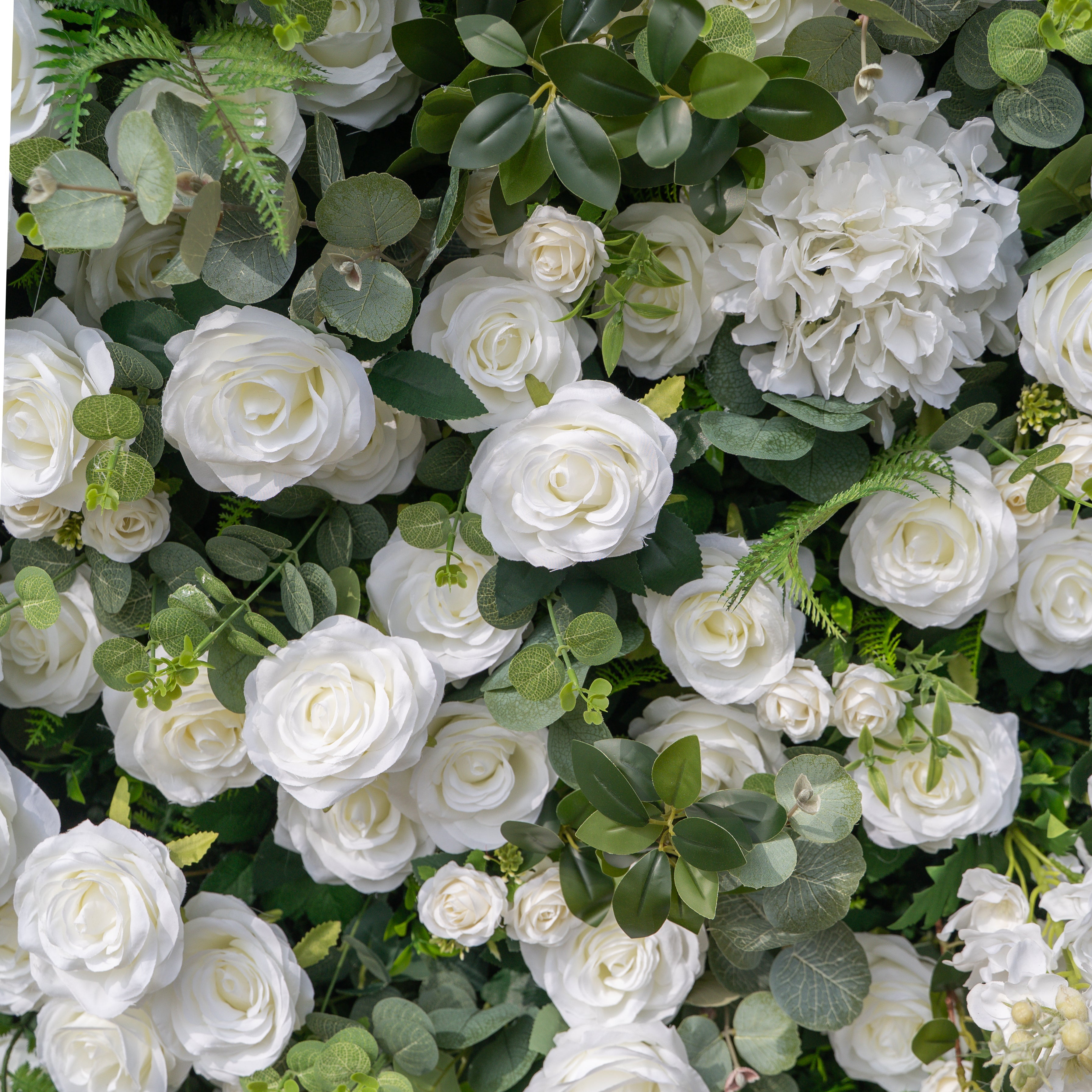 Orin: 5D Elegant White Silk Rose & Greenery Wall Roll-Up Fabric Backdrop for Grand Garden Weddings & Receptions Free Shipping
