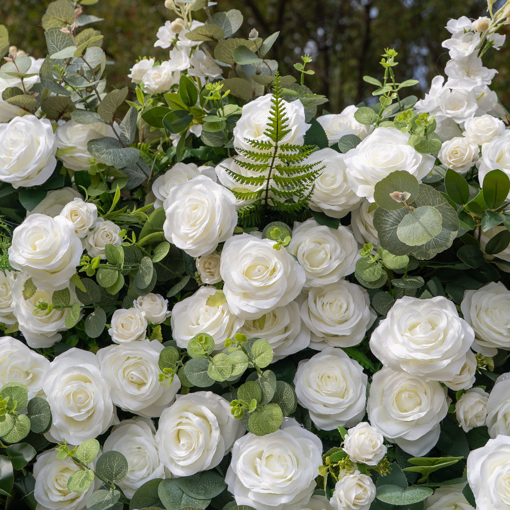 Orin: 5D Elegant White Silk Rose & Greenery Wall Roll-Up Fabric Backdrop for Grand Garden Weddings & Receptions Free Shipping