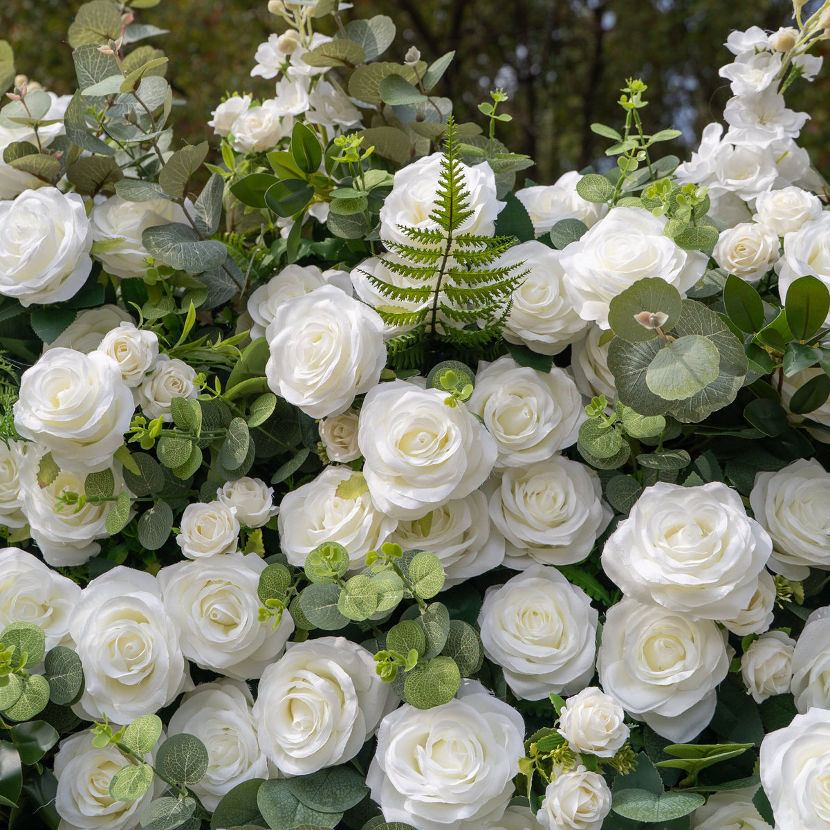 Orin: 5D Elegant White Silk Rose & Greenery Wall Roll-Up Fabric Backdrop for Grand Garden Weddings & Receptions Free Shipping