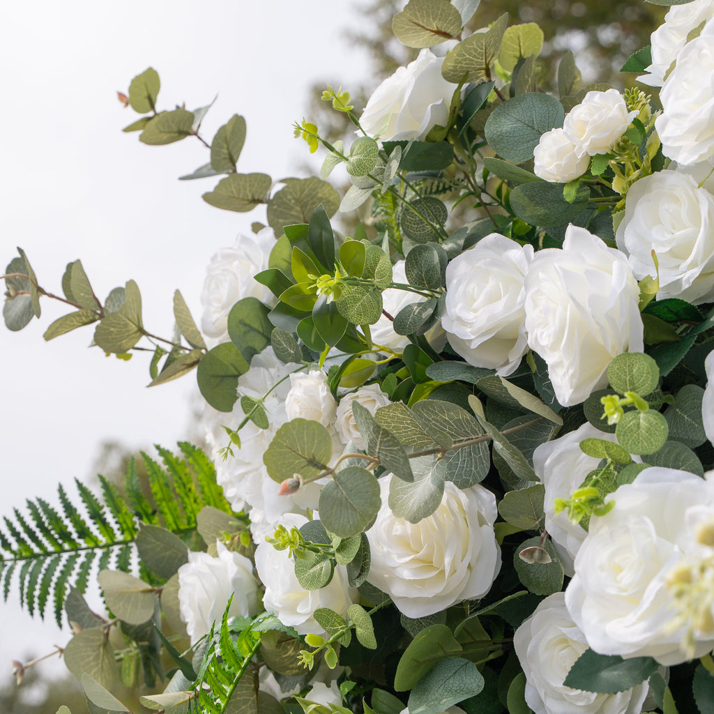 Orin: 5D Elegant White Silk Rose & Greenery Wall Roll-Up Fabric Backdrop for Grand Garden Weddings & Receptions Free Shipping
