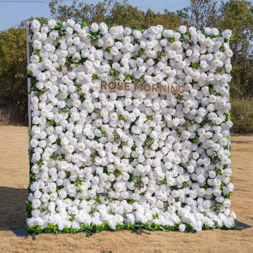 Seren: 3D Luxury White Rose & Greenery Silk Floral Wall Roll-Up Fabric Backdrop for Elegant Ceremonies & Garden Receptions Free Shipping