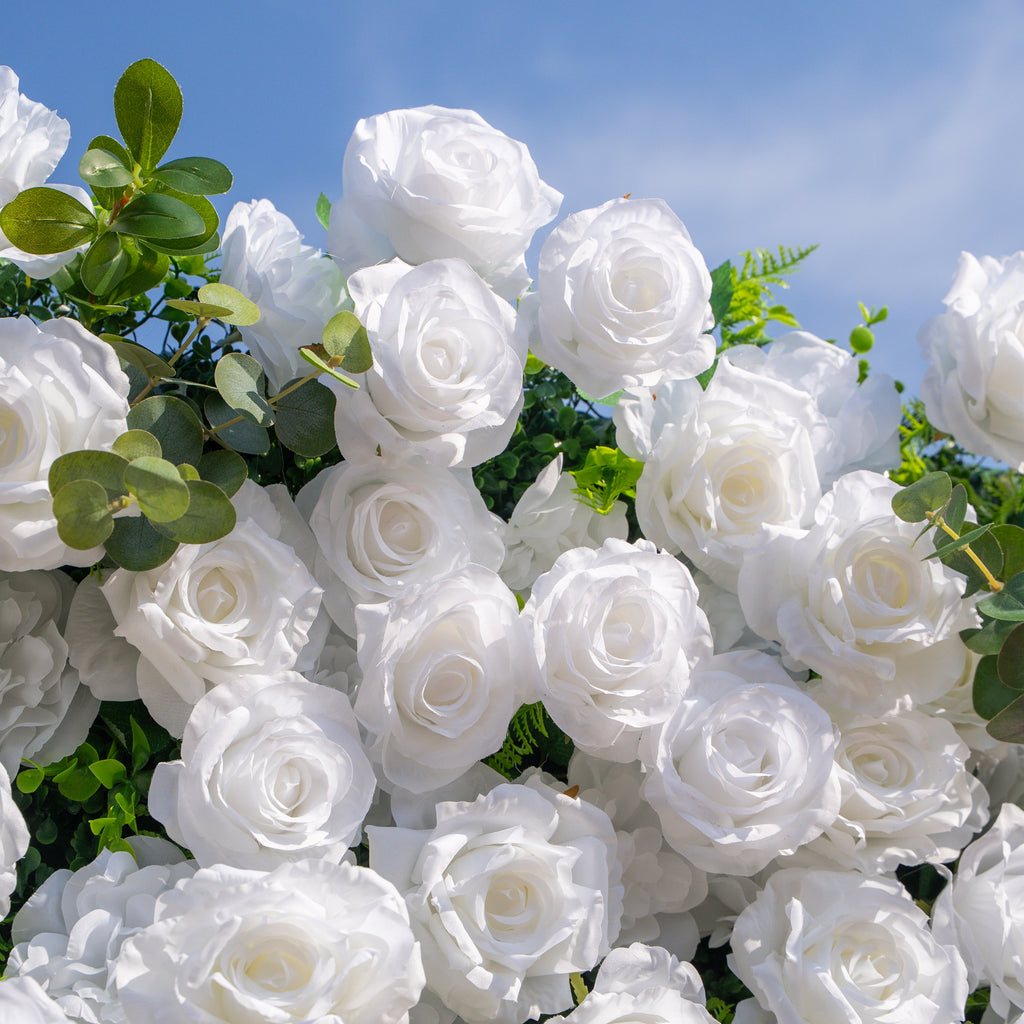 Seren: 3D Luxury White Rose & Greenery Silk Floral Wall Roll-Up Fabric Backdrop for Elegant Ceremonies & Garden Receptions Free Shipping