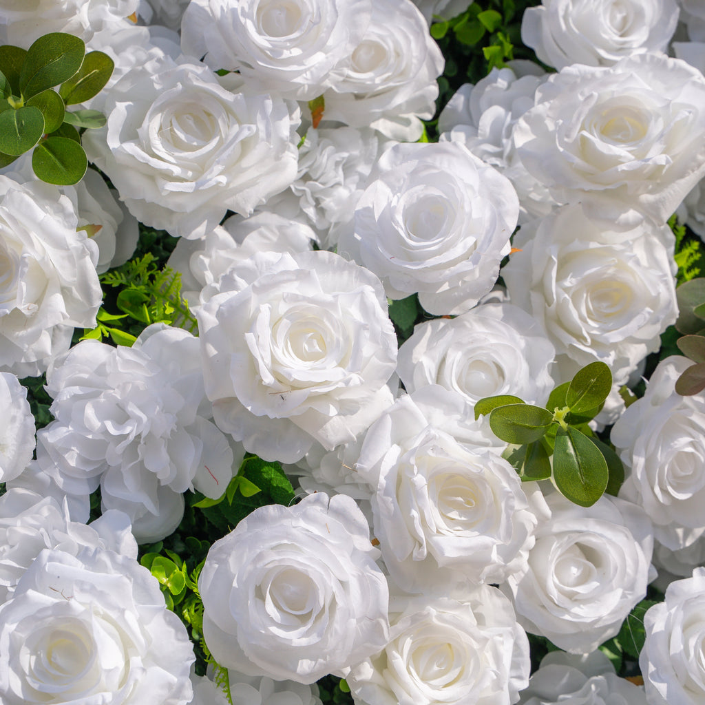 Seren: 3D Luxury White Rose & Greenery Silk Floral Wall Roll-Up Fabric Backdrop for Elegant Ceremonies & Garden Receptions Free Shipping