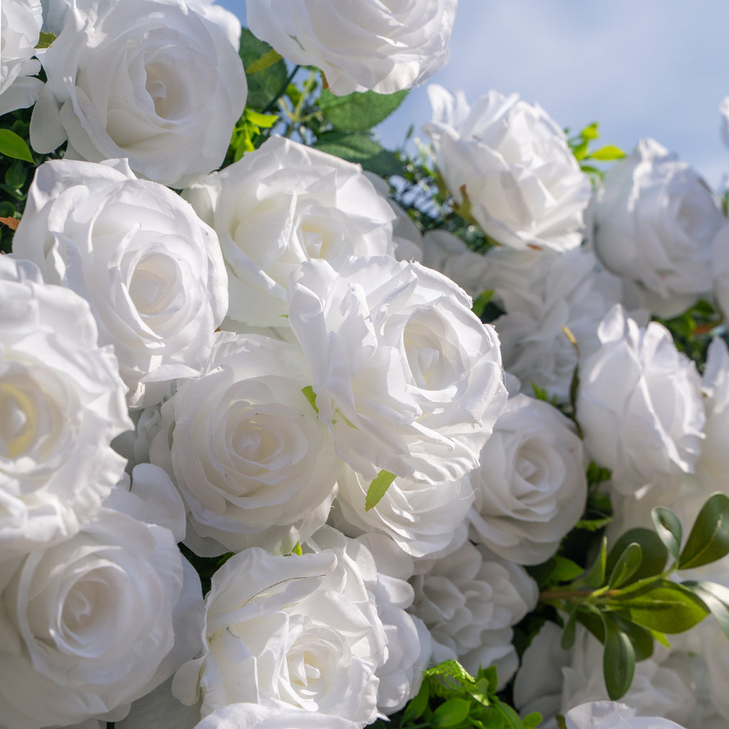 Seren: 3D Luxury White Rose & Greenery Silk Floral Wall Roll-Up Fabric Backdrop for Elegant Ceremonies & Garden Receptions Free Shipping