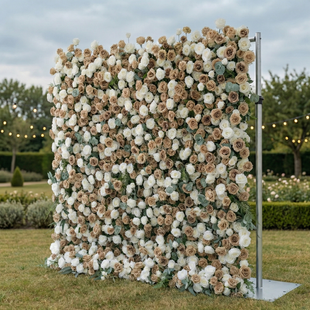 Sorcha: 5D Luxury Latte & Cream Silk Rose Flower Wall Roll-Up Fabric Backdrop for Grand Manor Weddings & Events Free Shipping