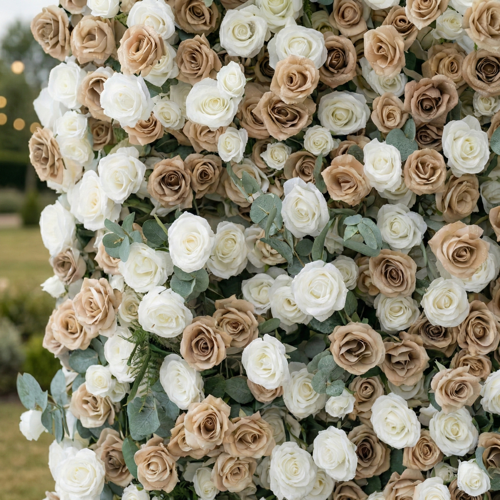 Sorcha: 5D Luxury Latte & Cream Silk Rose Flower Wall Roll-Up Fabric Backdrop for Grand Manor Weddings & Events Free Shipping