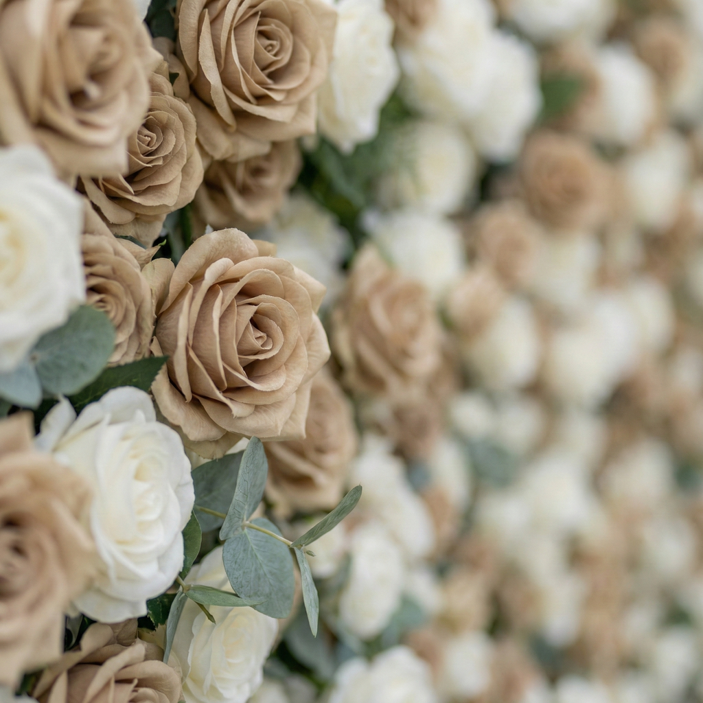 Sorcha: 5D Luxury Latte & Cream Silk Rose Flower Wall Roll-Up Fabric Backdrop for Grand Manor Weddings & Events Free Shipping