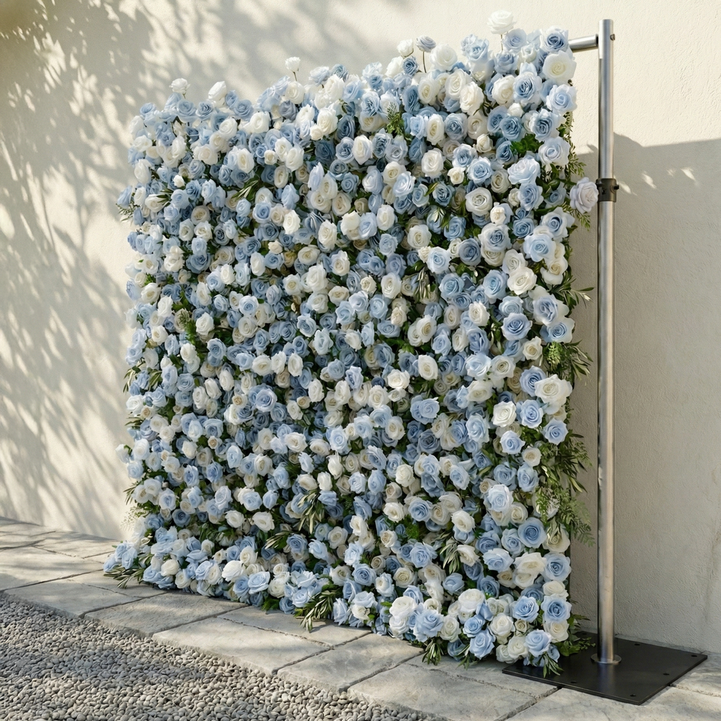 Stellan: 5D Elegant Serene Blue & Ivory Silk Floral Wall Roll-Up Fabric Backdrop for Seaside Weddings & Parties Free Shipping