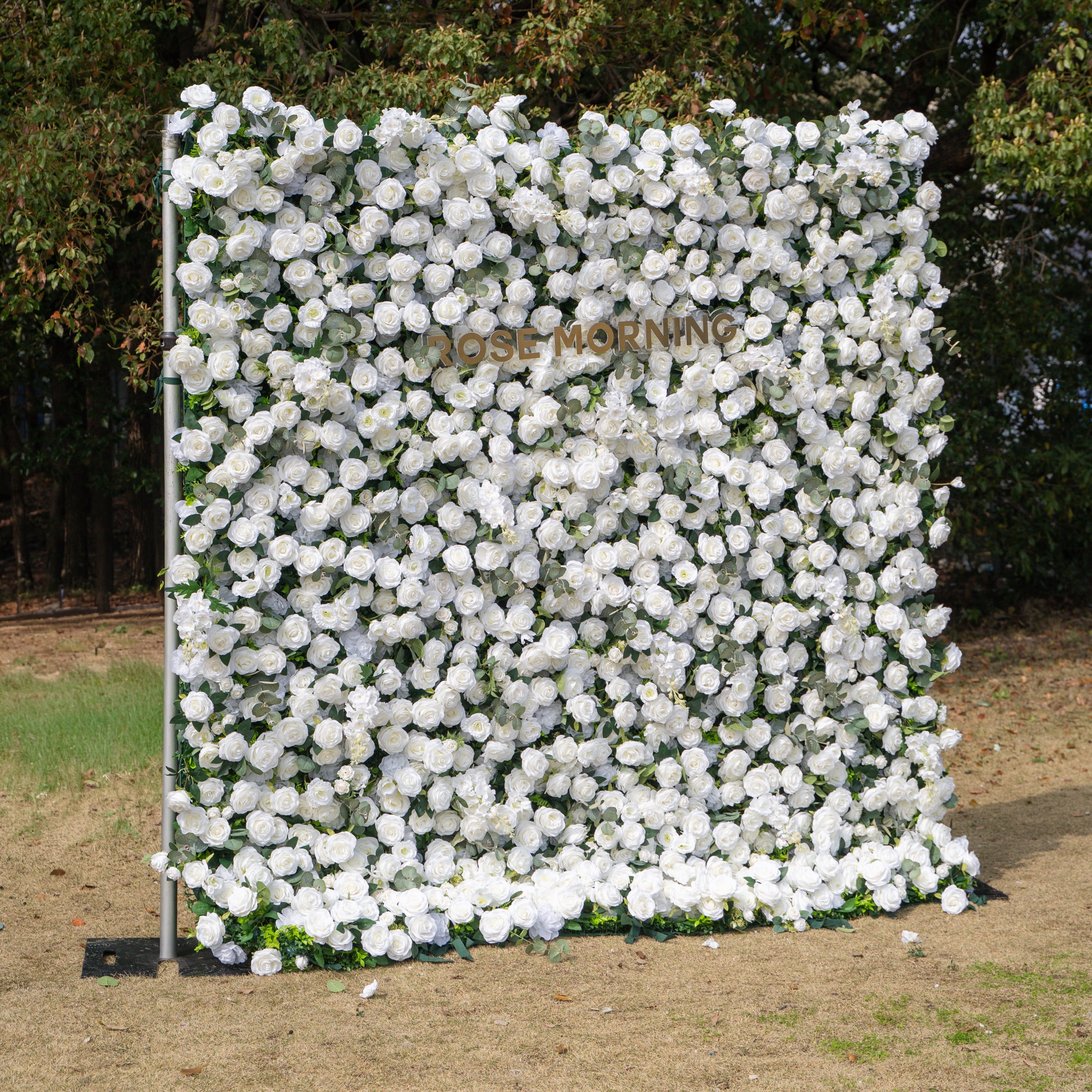 Sylas: 5D Luxury White Rose & Forest Foliage Silk Floral Wall Roll-Up Fabric Backdrop for Elegant Garden Weddings & Receptions Free Shipping