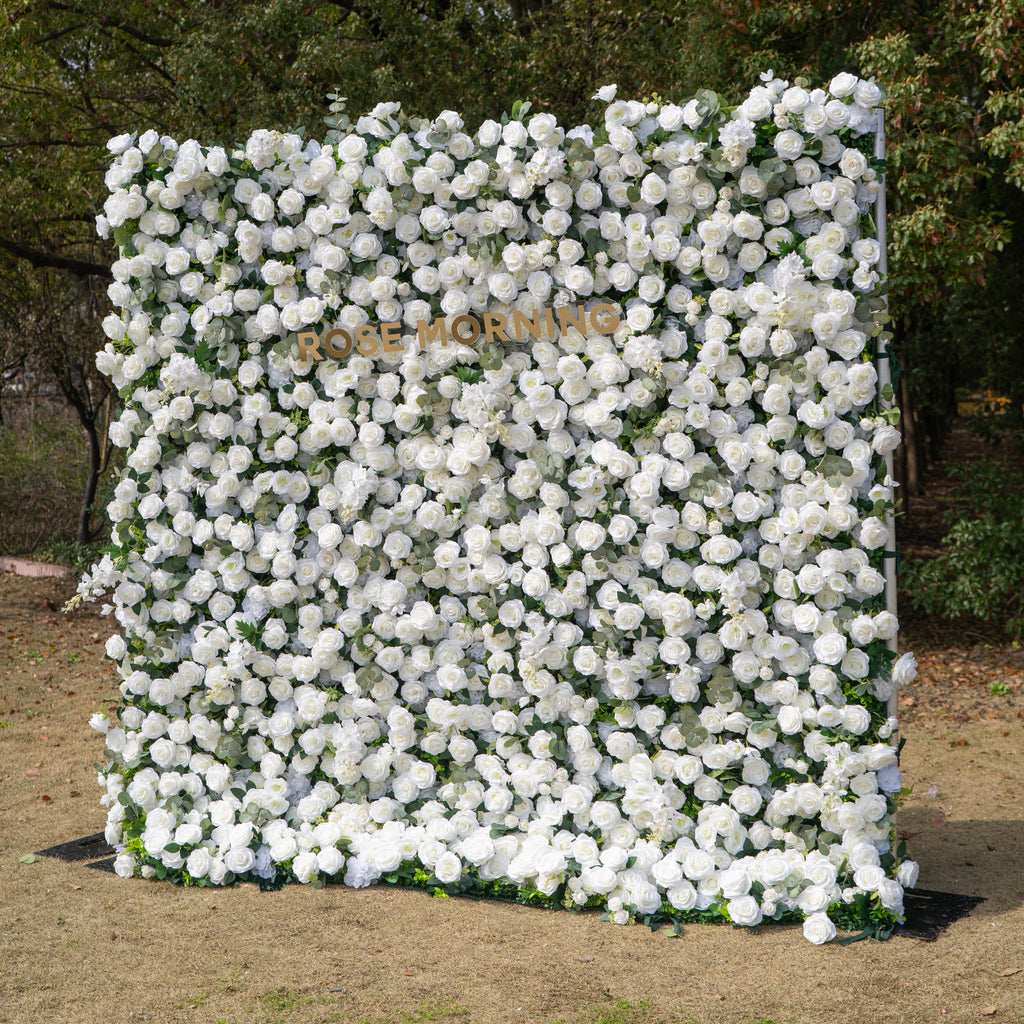 Sylas: 5D Luxury White Rose & Forest Foliage Silk Floral Wall Roll-Up Fabric Backdrop for Elegant Garden Weddings & Receptions Free Shipping