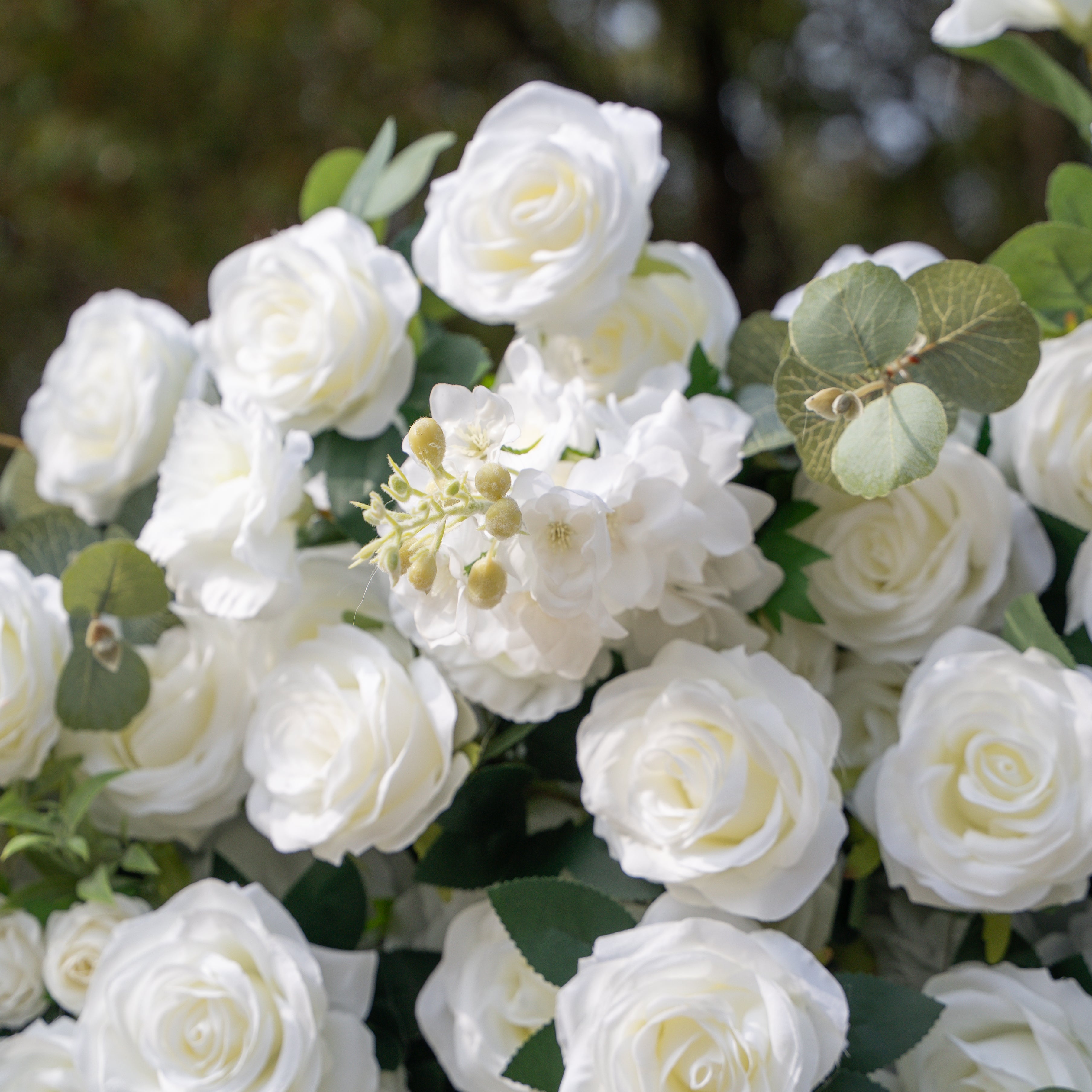 Sylas: 5D Luxury White Rose & Forest Foliage Silk Floral Wall Roll-Up Fabric Backdrop for Elegant Garden Weddings & Receptions Free Shipping