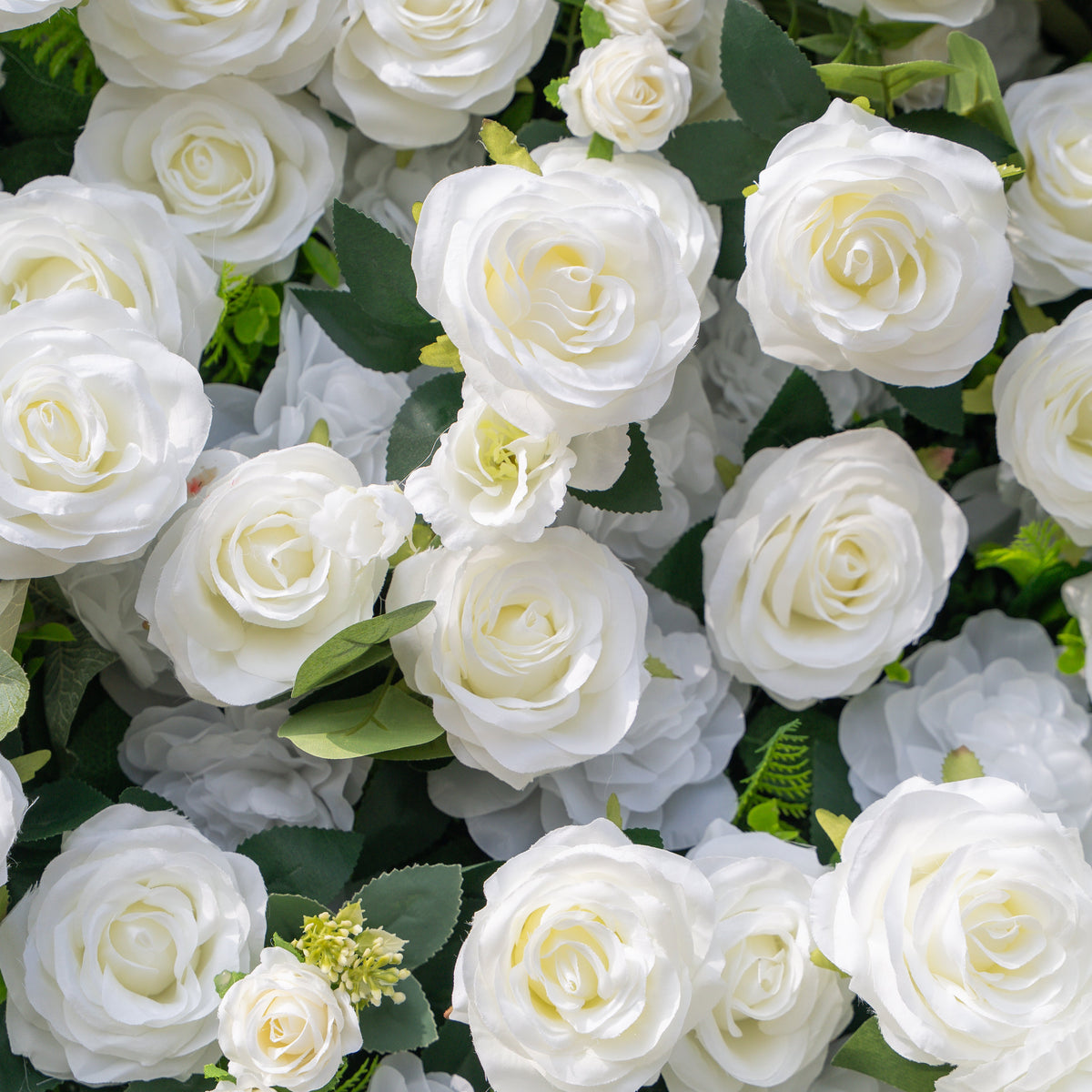 Sylas: 5D Luxury White Rose & Forest Foliage Silk Floral Wall Roll-Up Fabric Backdrop for Elegant Garden Weddings & Receptions Free Shipping