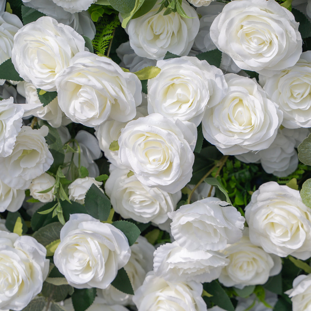 Sylas: 5D Luxury White Rose & Forest Foliage Silk Floral Wall Roll-Up Fabric Backdrop for Elegant Garden Weddings & Receptions Free Shipping