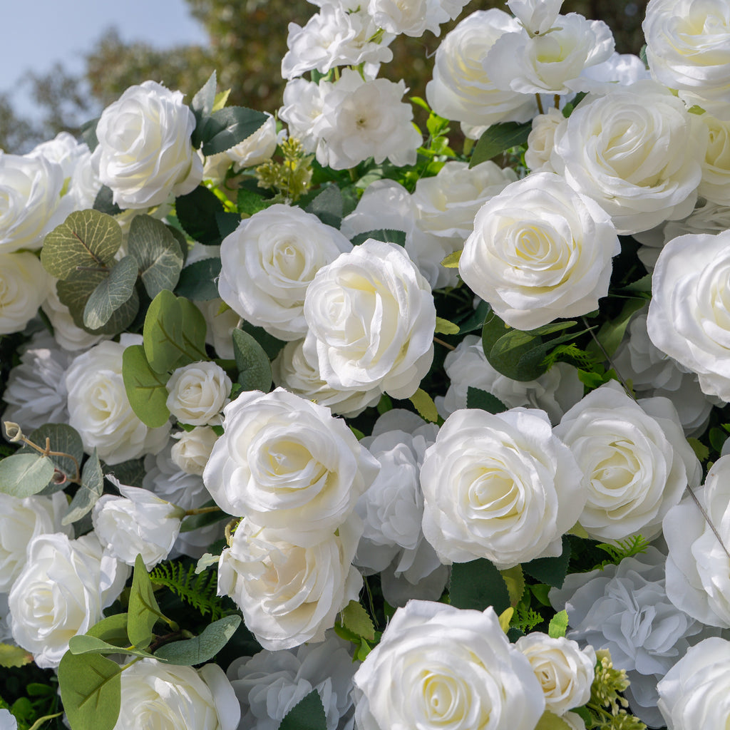 Sylas: 5D Luxury White Rose & Forest Foliage Silk Floral Wall Roll-Up Fabric Backdrop for Elegant Garden Weddings & Receptions Free Shipping