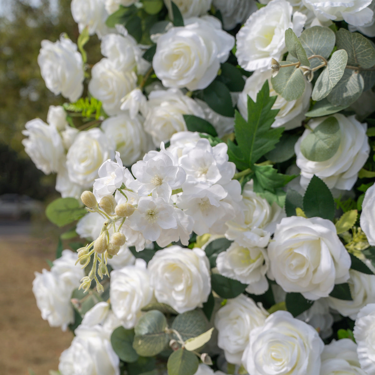 Sylas: 5D Luxury White Rose & Forest Foliage Silk Floral Wall Roll-Up Fabric Backdrop for Elegant Garden Weddings & Receptions Free Shipping