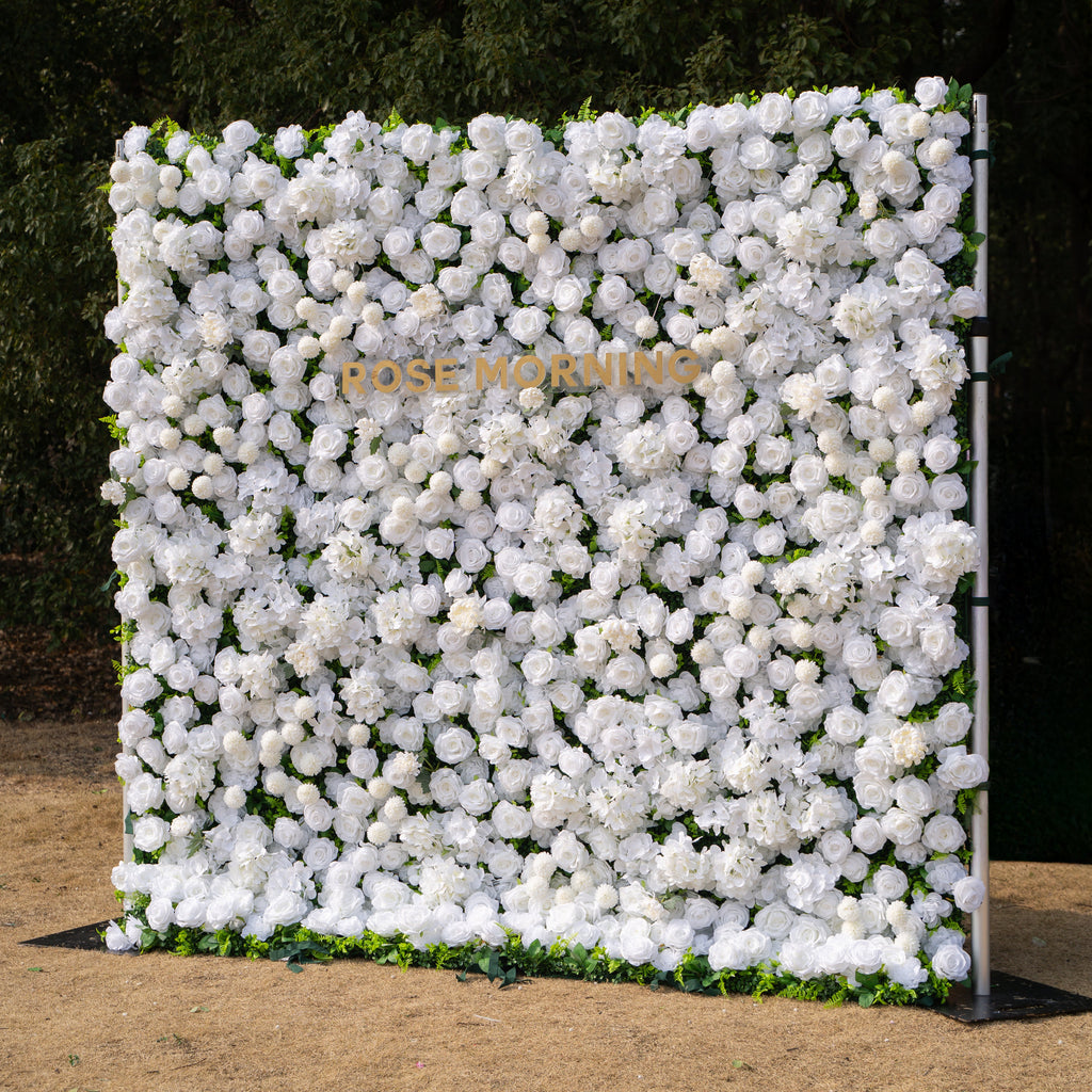 Thalia: 3D Pure White Luxury Silk Floral Wall Roll-Up Fabric Backdrop for Elegant Wedding Ceremonies & Minimalist Events Free Shipping