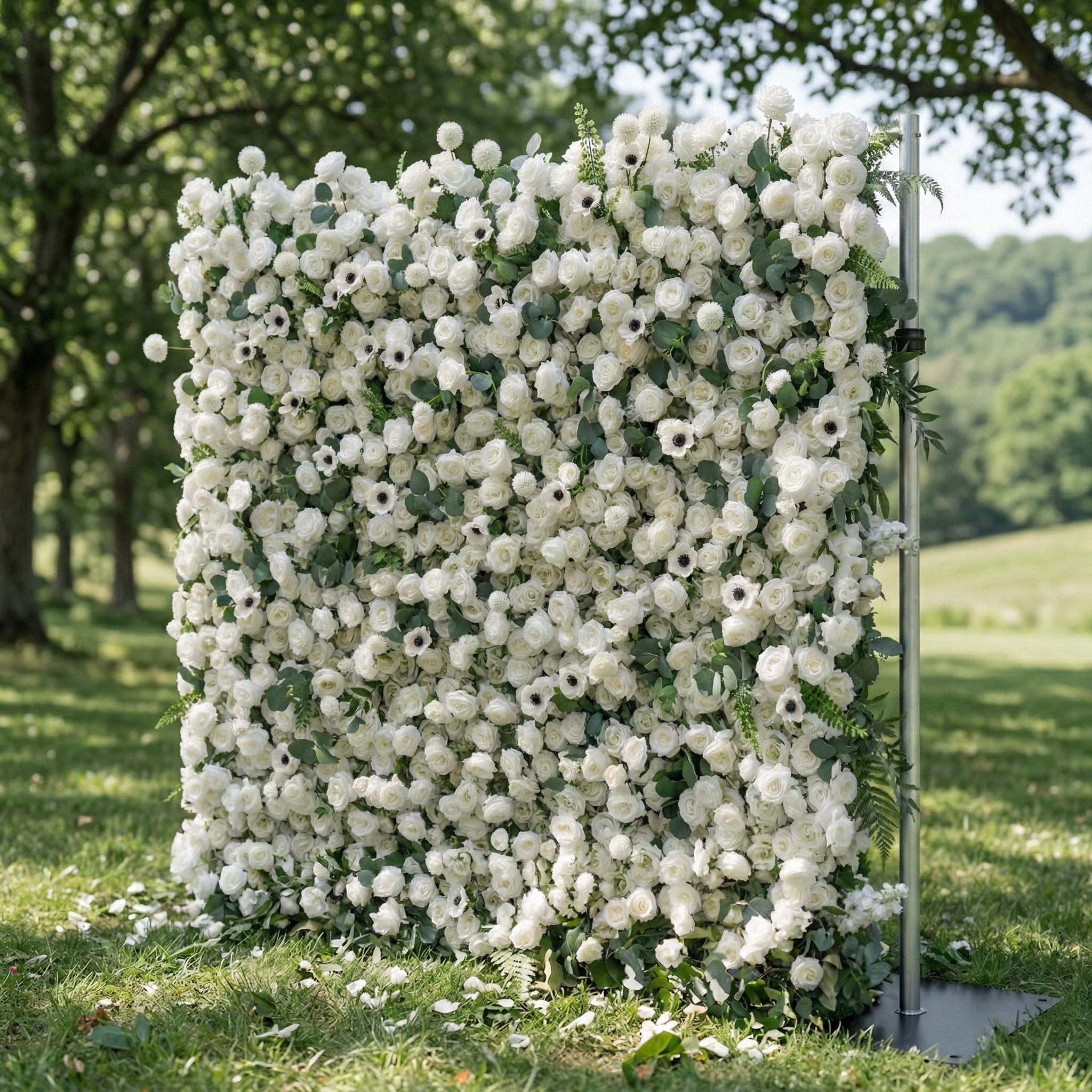 Veda: 5D Elegant White Silk Rose & Greenery Wall Roll-Up Fabric Backdrop for Grand Weddings & Ceremonies Free Shipping