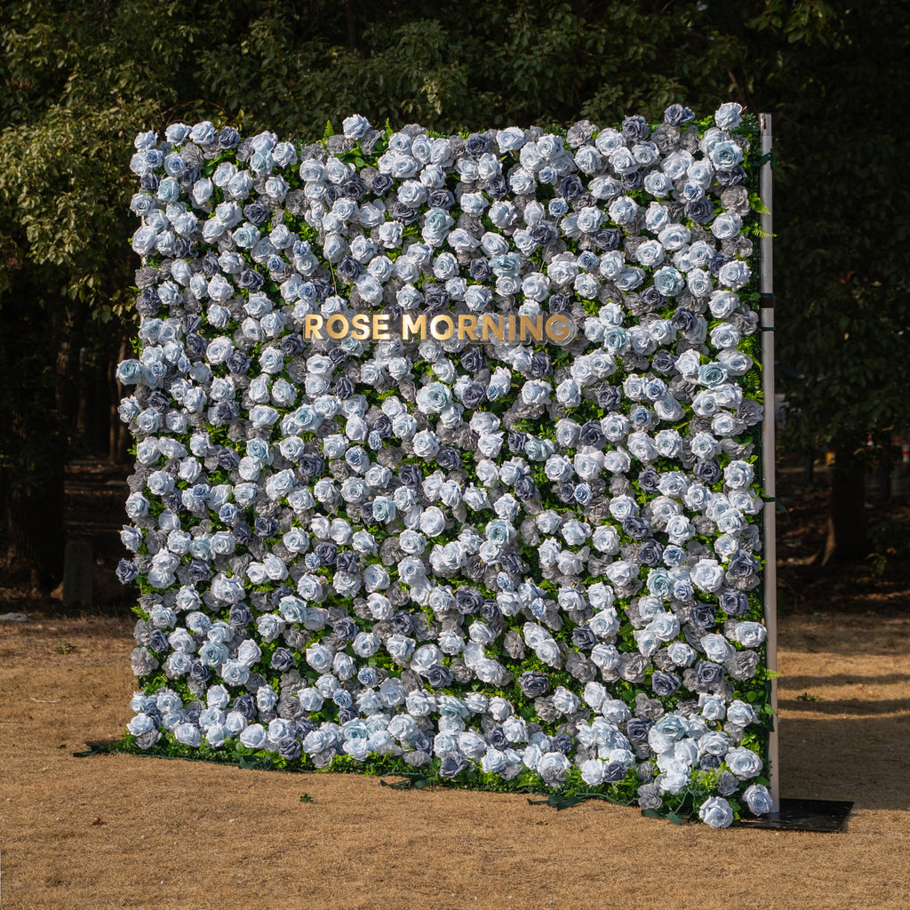 Velora: 3D Dusty Blue Rose Roll-Up Fabric Curtain Floral Backdrop for Weddings & Luxury Events Free Shipping