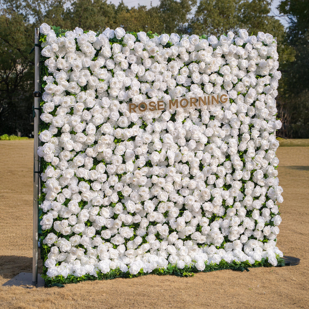 Zephira: 3D Elegant White Silk Rose Flower Wall Roll-Up Fabric Backdrop for Luxury Weddings & Events Free Shipping