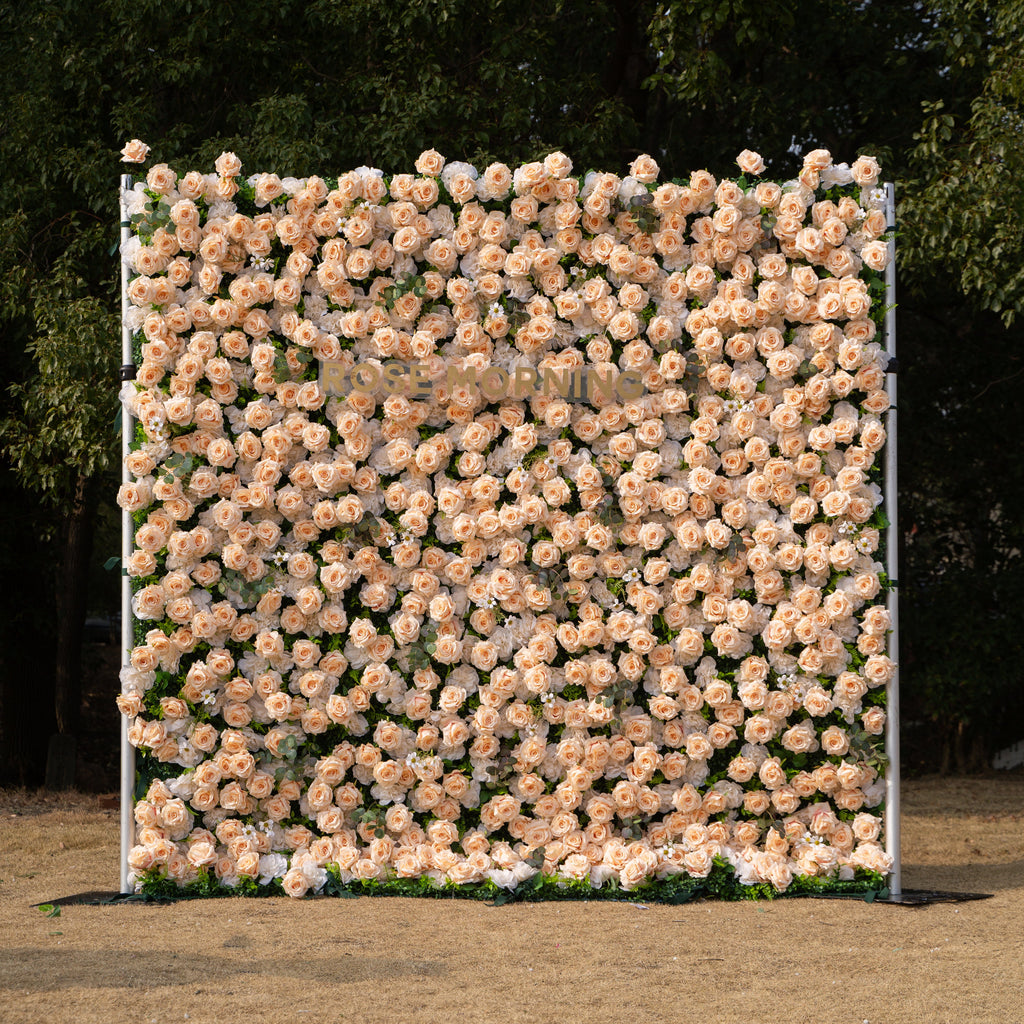 Zephyra: 3D Elegant Champagne Silk Rose Flower Wall Roll-Up Fabric Backdrop for Luxury Weddings & Events Free Shipping