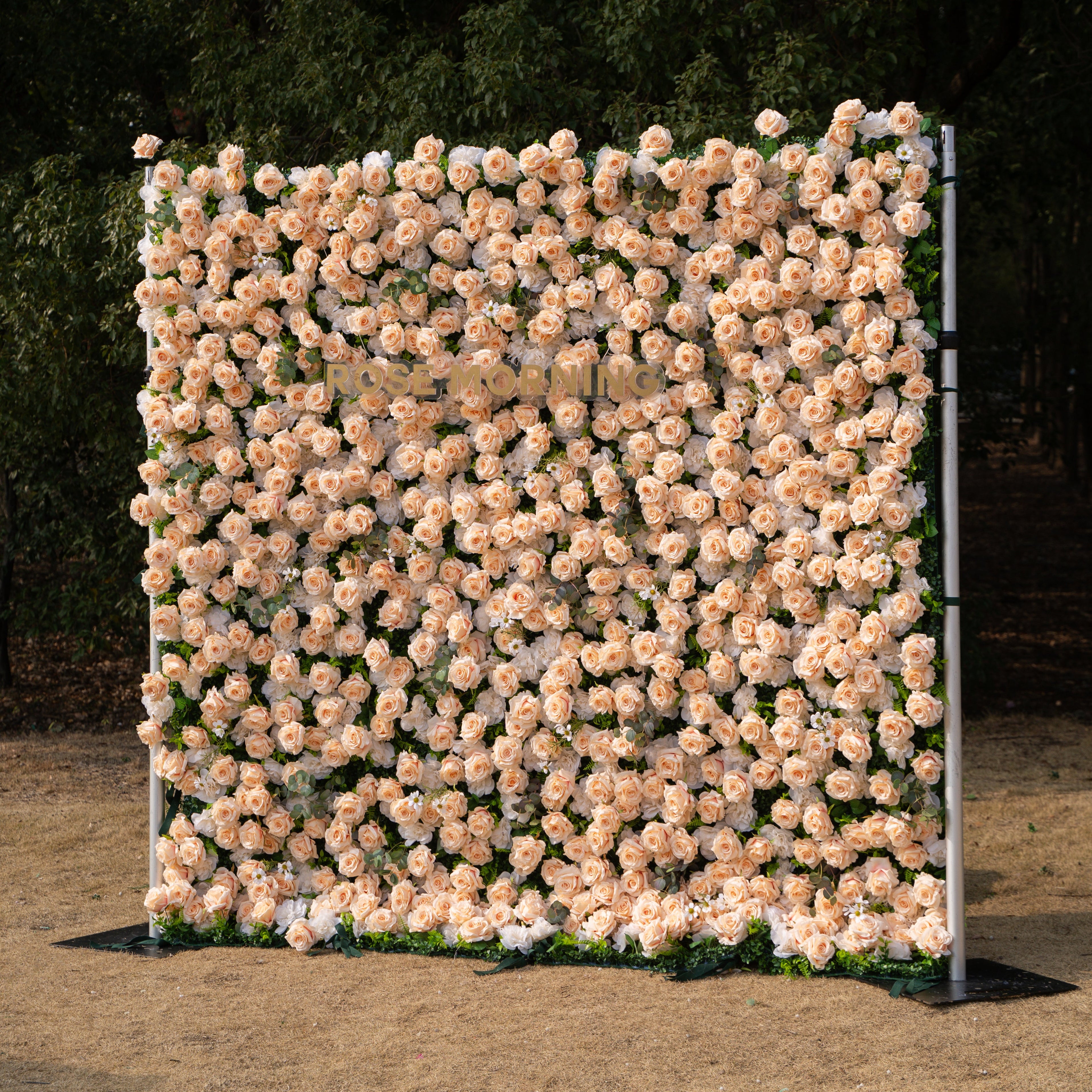 Zephyra: 3D Elegant Champagne Silk Rose Flower Wall Roll-Up Fabric Backdrop for Luxury Weddings & Events Free Shipping