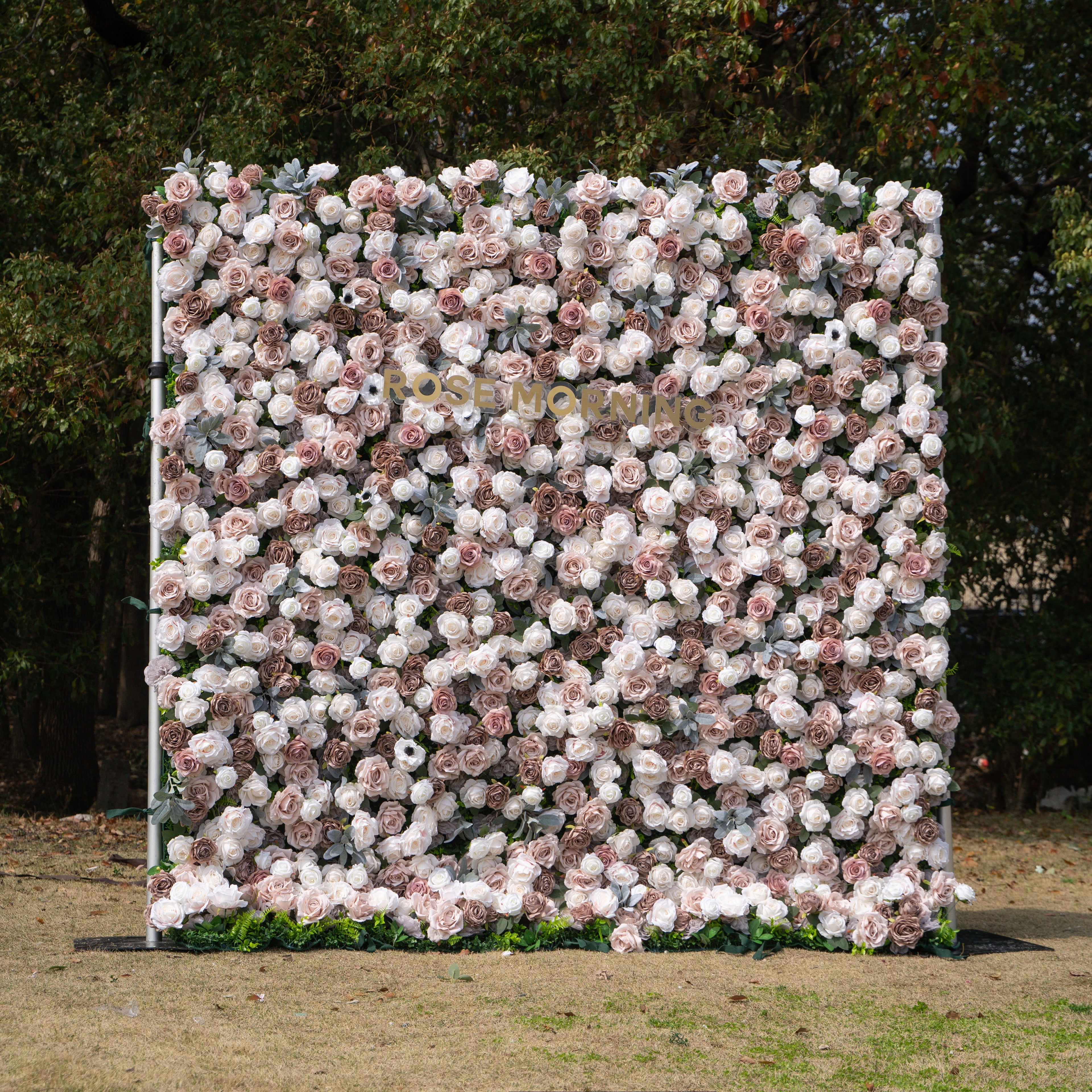Ziven: 5D Elegant Latte & Ivory Silk Rose Flower Wall Roll-Up Fabric Backdrop for Luxury Wedding & Modern Interior Decor Free Shipping