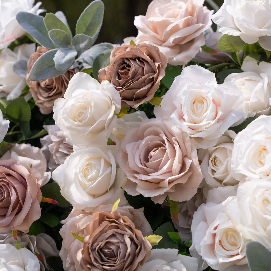 Ziven: 5D Elegant Latte & Ivory Silk Rose Flower Wall Roll-Up Fabric Backdrop for Luxury Wedding & Modern Interior Decor Free Shipping