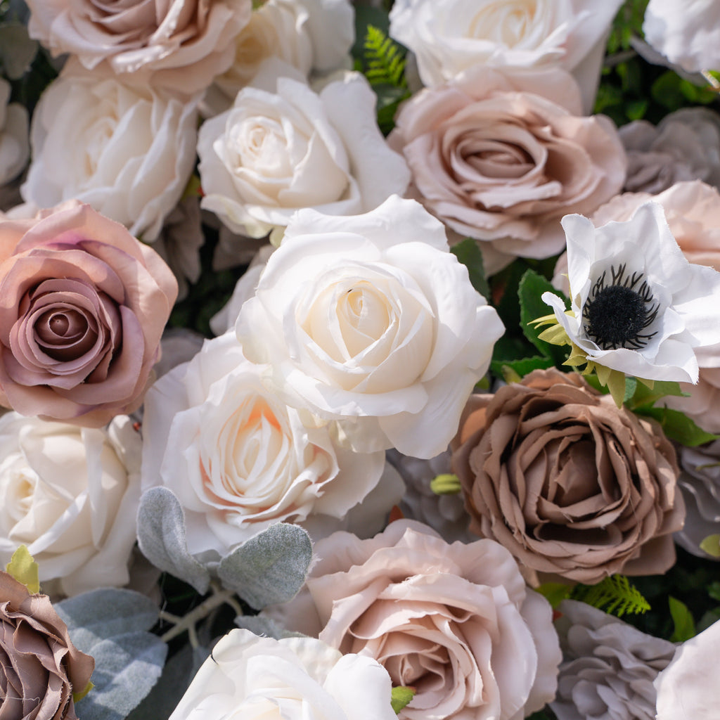 Ziven: 5D Elegant Latte & Ivory Silk Rose Flower Wall Roll-Up Fabric Backdrop for Luxury Wedding & Modern Interior Decor Free Shipping